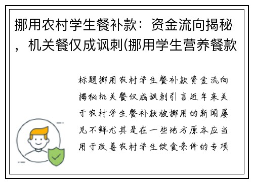 挪用农村学生餐补款：资金流向揭秘，机关餐仅成讽刺(挪用学生营养餐款如何处罚)