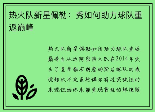 热火队新星佩勒：秀如何助力球队重返巅峰