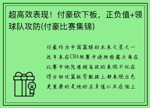 超高效表现！付豪砍下板，正负值+领球队攻防(付豪比赛集锦)