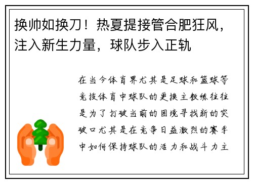 换帅如换刀！热夏提接管合肥狂风，注入新生力量，球队步入正轨
