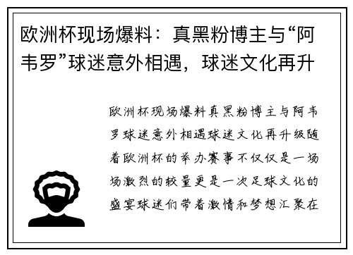 欧洲杯现场爆料：真黑粉博主与“阿韦罗”球迷意外相遇，球迷文化再升级